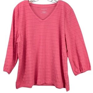 Talbots Top Women's XL Pink Stripe Tunic Seersucker V-Neck 3/4 Sleeve Top NWT